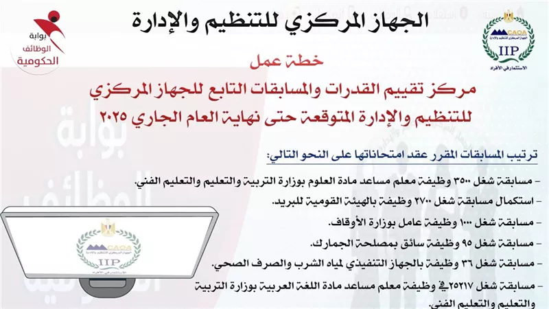  الجهاز المركزي للتنظيم والإدارة يعلن ترتيب امتحانات مسابقات التوظيف 