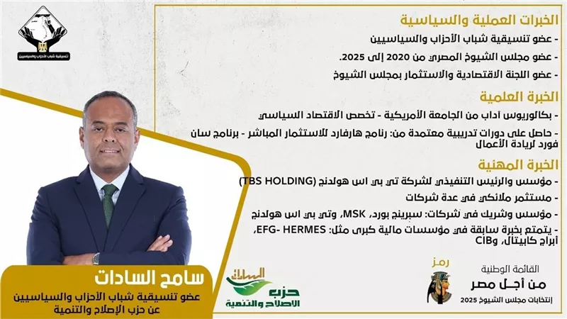 تعرف على السيرة الذاتية لـ سامح السادات مرشح حزب الاصلاح والتنمية للشيوخ