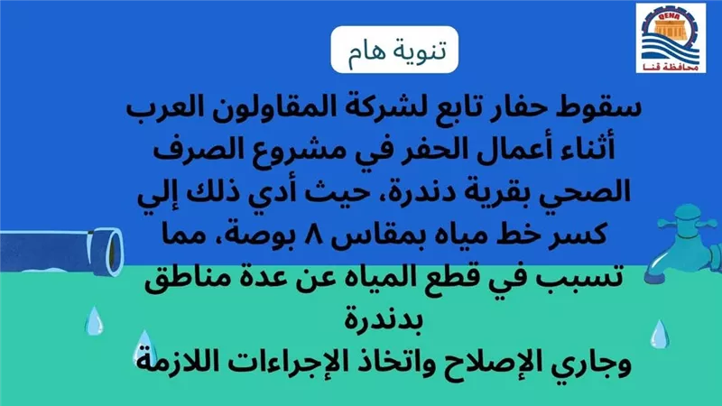 سقوط حفار أدى لكسر في الخط.. قطع المياه عن قرية 
