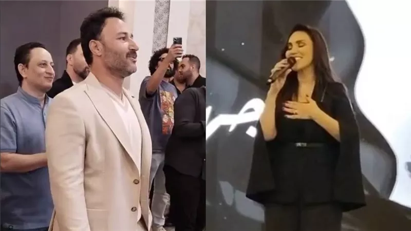 بنظرات مليئة بالفخر والحب.. محمد العمروسي يدعم زوجته مي فاروق أثناء غنائها