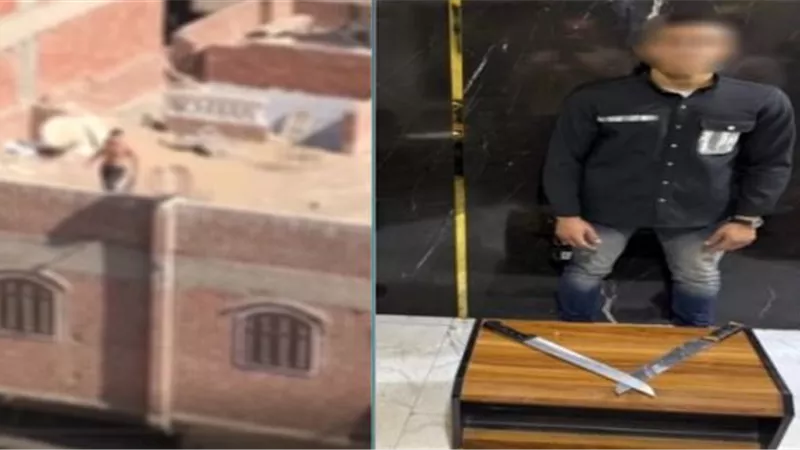 خلع ملابسه العلوية..  شخص يلوح بسلاح أبيض من أعلى سطح منزله 