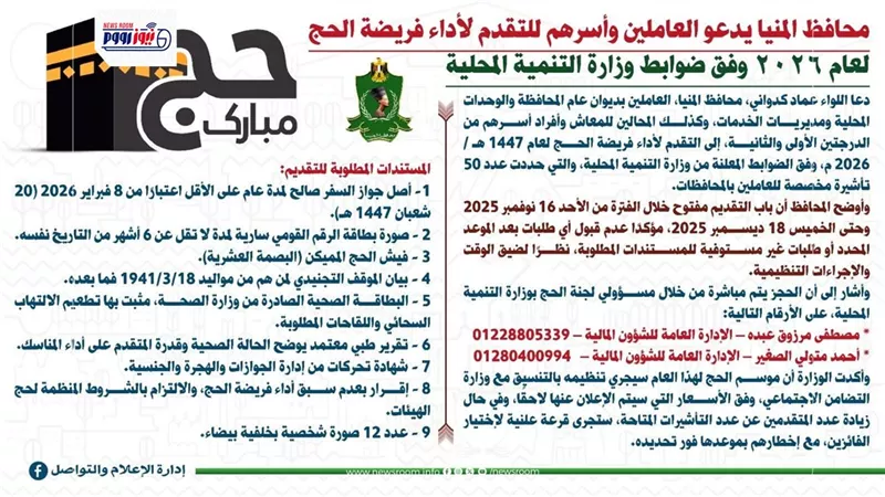 50 تأشيرة حج مخصصة للعاملين.. والمنيا تحدد مواعيد التقديم والمستندات المطلوبة
