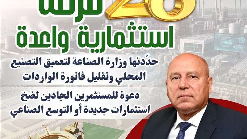 تفاصيل الـ28 فرصة استثمارية  المحددة من وزارة الصناعة لعميق التصنيع المحلي 
