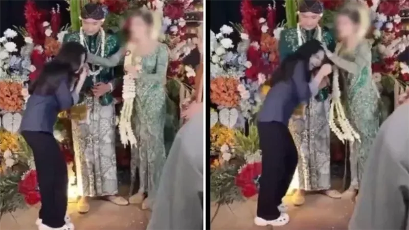 في لقطة غريبة.. صراع بين عروس وحبيبة زوجها السابقة في حفل زفاف
