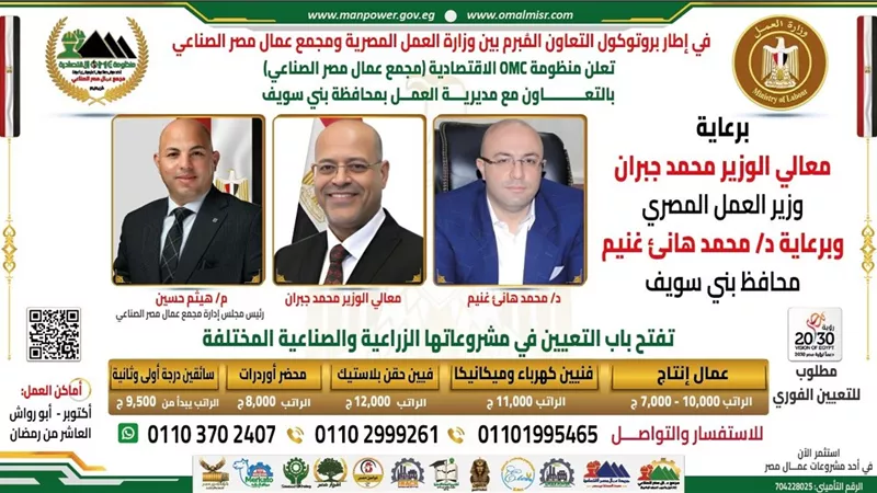 بني سويف: فتح باب التعيين في مشروعات زراعية وصناعية للشباب