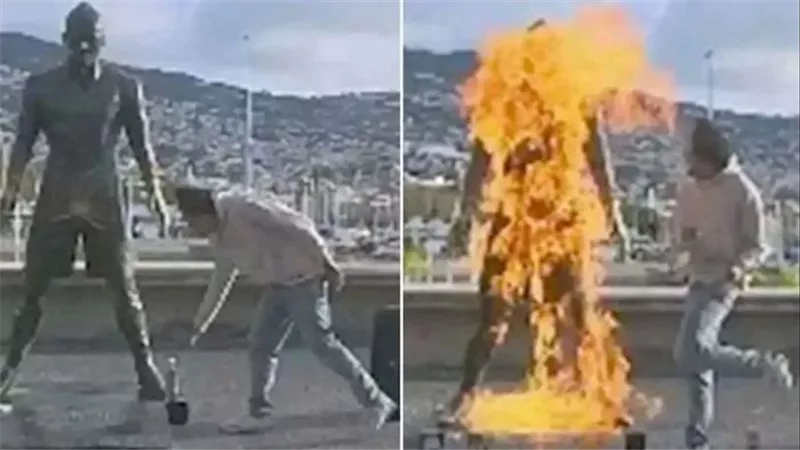 شاب برتغالي يحرق تمثال كريستيانو رونالدو في جزيرة ماديرا