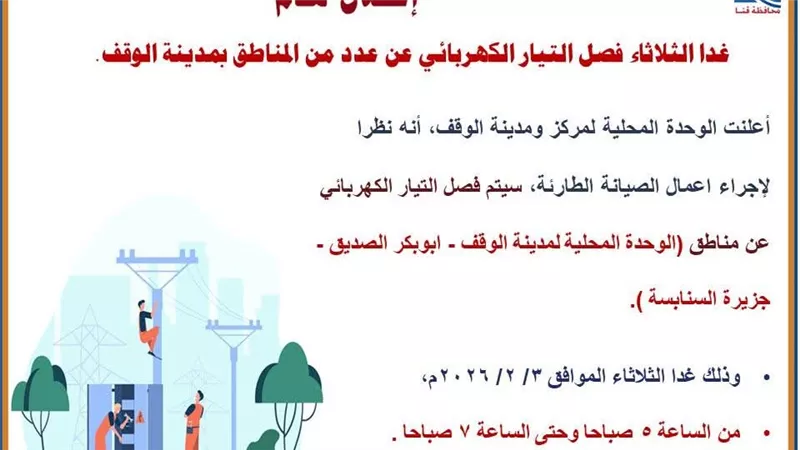 غدا.. تعرف على مناطق قطع الكهرباء بالوقف شمال محافظة قنا