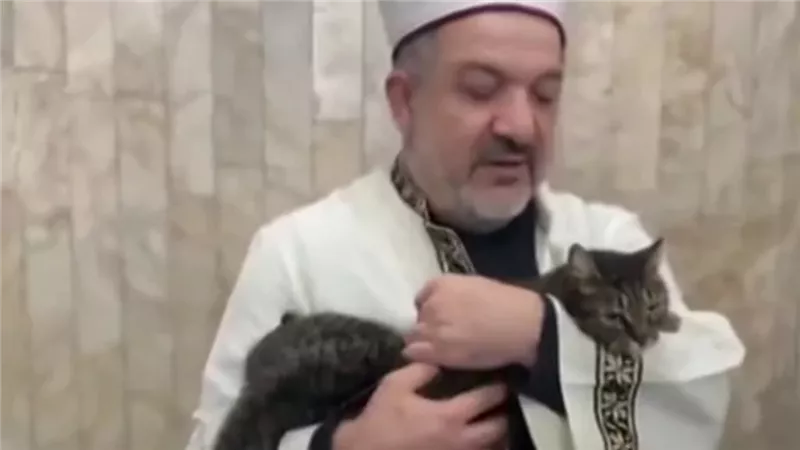 إنسانية ورحمة.. قطة في أحضان إمام مسجد تركي في مشهد يتصدر الترند 
