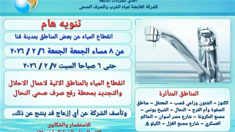 تعرف على أماكن قطع مياه الشرب عن 12منطقة بمدينة قنا لمدة 10 ساعات