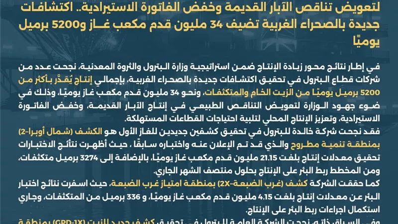 اكتشافات جديدة بالصحراء الغربية تعزز إنتاج الغاز والزيت وتخفض الاستيراد المحلي