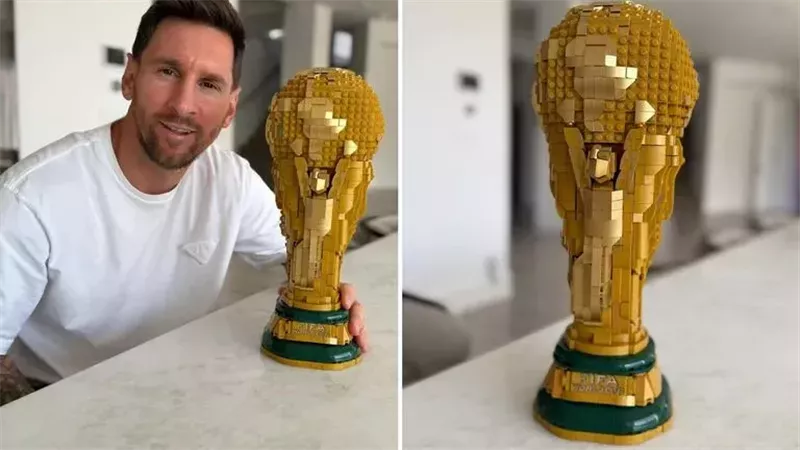 ليونيل ميسي يبني مجسم لكأس العالم باستخدام مكعبات الليجو 