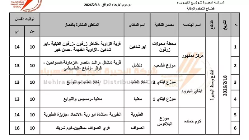 «كهرباء البحيرة» تعلن فصل التيار 7 ساعات اليوم لإجراء أعمال صيانة