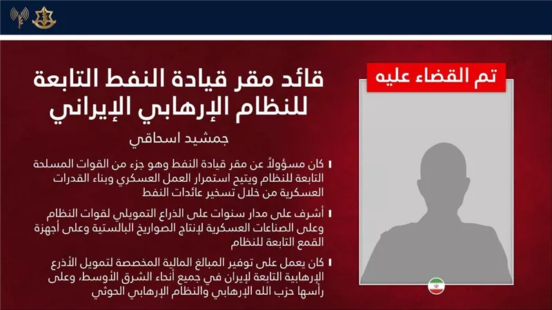جيش الاحتلال يعلن القضاء على قائد قيادة النفط العسكرية الإيرانية 