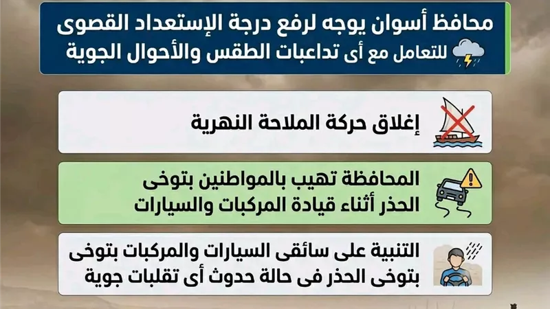 محافظ أسوان يوجه لرفع درجة الاستعداد القصوى للتعامل مع تداعيات الطقس السيئ