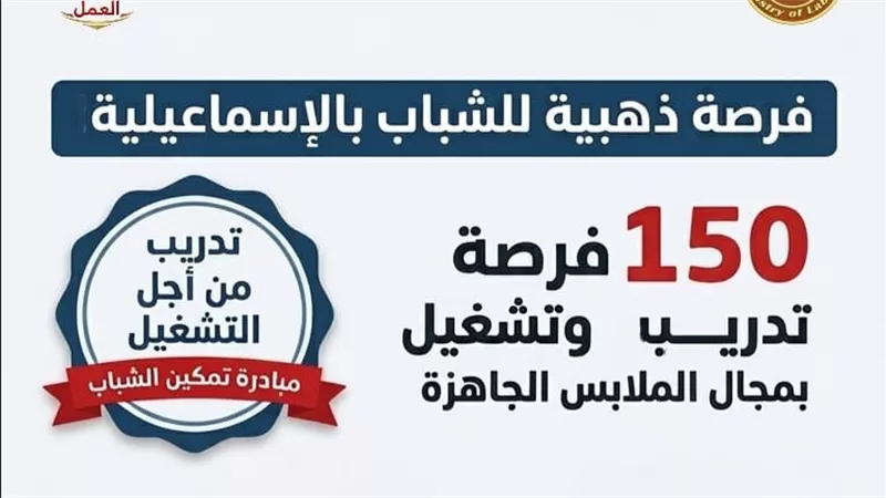 150 فرصة تدريب وتشغيل بالملابس الجاهزة بالإسماعيلية بالتعاون مع 