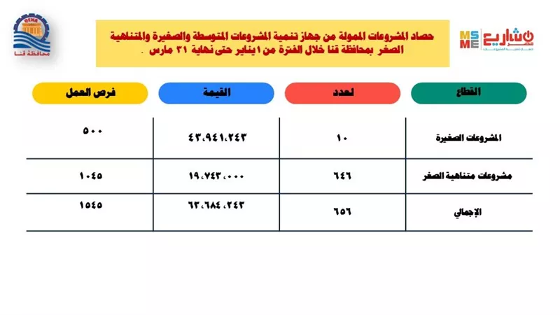 قنا: تمويل 656 مشروعًا صغيرًا ومتناهي الصغر خلال 3 أشهر