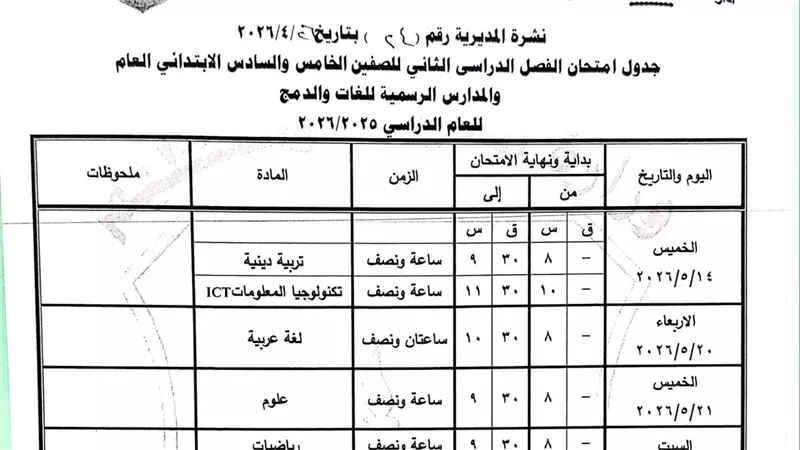 محافظ قنا يعتمد جداول امتحانات نهاية العام 2026 لصفوف النقل والشهادة الإعدادية