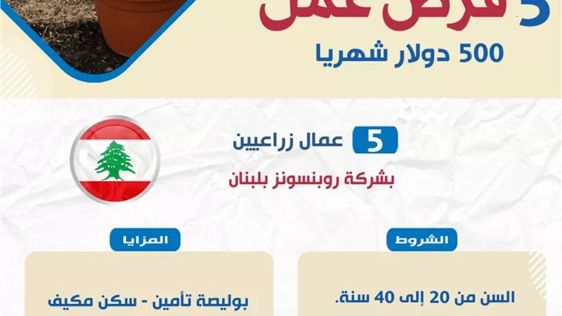 راتب شهري 500 دولار.. 5 فرص عمل فى لبنان للمزارعين /أعرف التفاصيل 