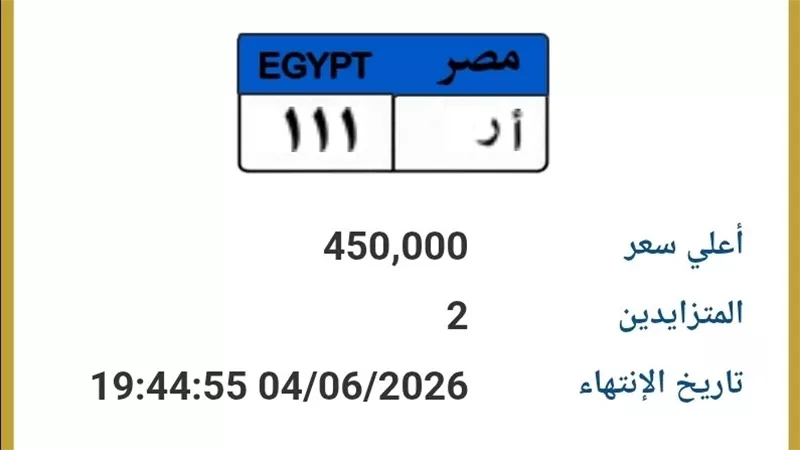 رقم مميز يشعل المزاد.. لوحة «أ ر 111» تقفز إلى 450 ألف جنيه