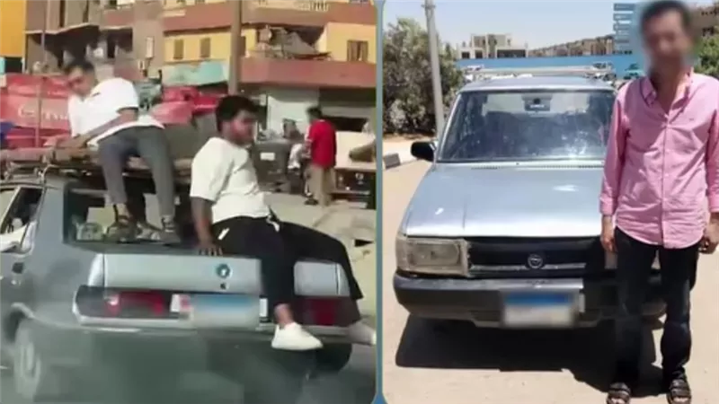 مغامرة متهورة على الطريق.. التحقيق مع سائق سمح لشخصين الجلوس أعلى سيارته أثناء السير