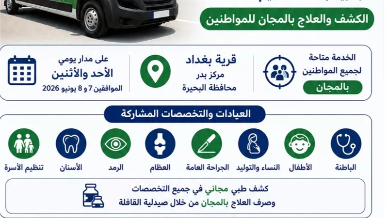 غدا ولمدة يومين.. قافلة طبية بقرية بغداد لتقديم خدمات الكشف والعلاج بالبحيرة