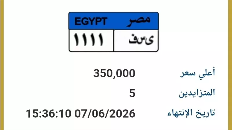 رقم مميز يشعل المنافسة.. سعر لوحة «ي س ف 1111» يقفز إلى 350 ألف جنيه
