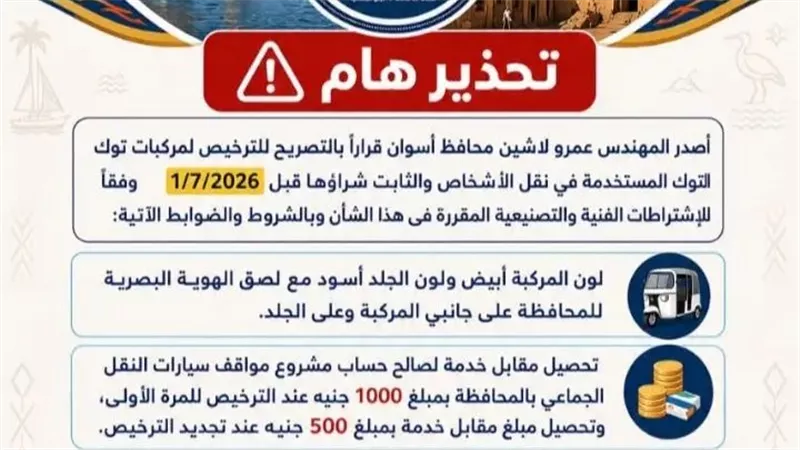 محافظ أسوان يصدر قراراً بترخيص مركبات التوك توك بشروط وضوابط محددة