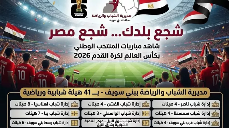 41 هيئة شبابية ورياضية تستقبل جماهير بنى سويف خلال ماراثون كأس العالم 
