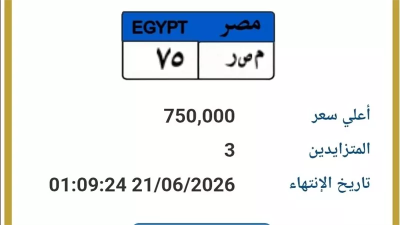 750 ألف جنيه سعر لوحة «م ص ر 75» المميزة قبل غلق المزايدة