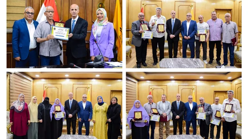 تكريم 6 من أعضاء الجهاز الإدارى بجامعة بنى سويف لبلوغهم السن القانونية|صور