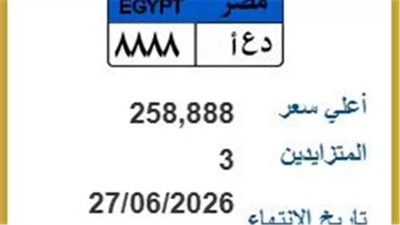 لوحة «د ع أ 8888» تصل إلى 258 ألف جنيه في مزاد «مرور مصر»