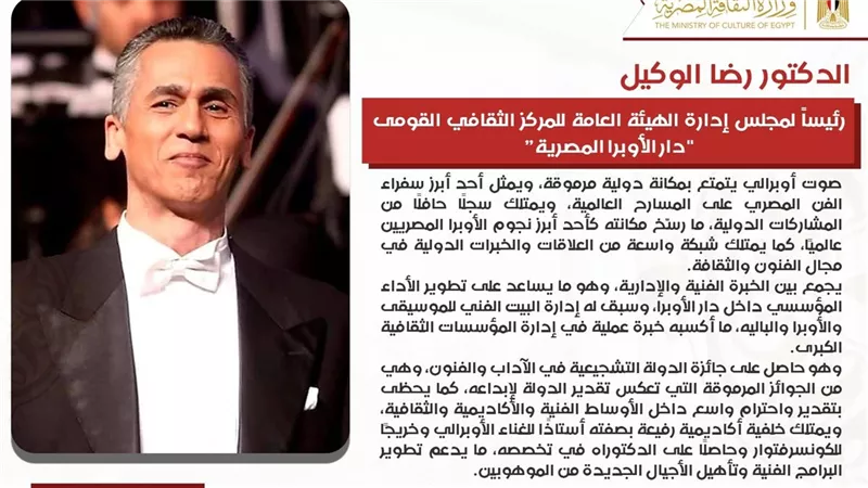 تعيين الدكتور رضا الوكيل رئيساً لـ دار الأوبرا المصرية
