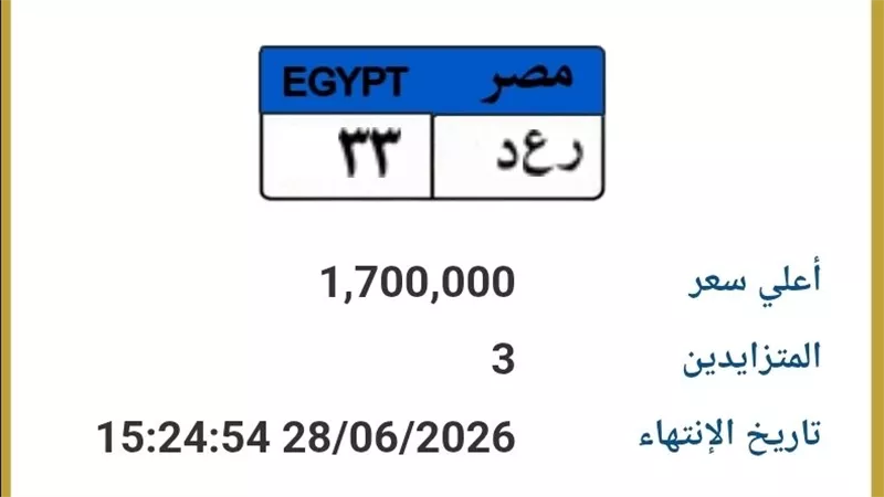 مليون و700 ألف جنيه أعلى سعر للوحة «ر ع د 33» بمزاد المرور