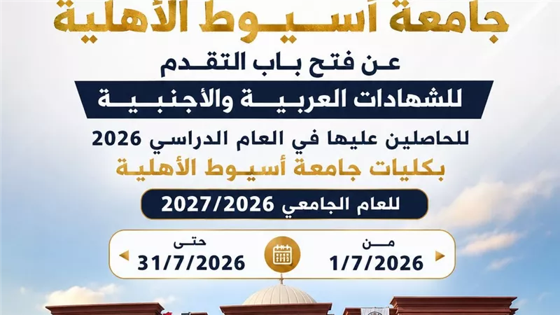 فتح التقديم بكليات جامعة أسيوط الأهلية للعام الجامعي الجديد لشهادات المعادلة
