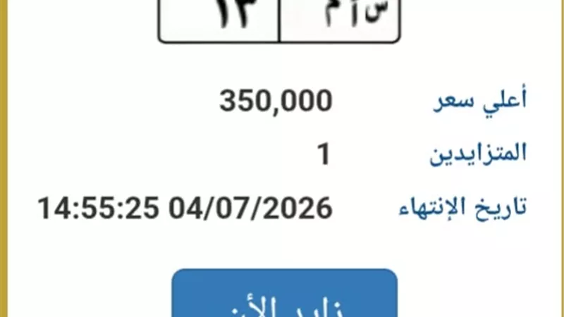 طرح لوحة مميزة .. « س أ م 13» في مزاد المرور بسعر 350 ألف جنيه