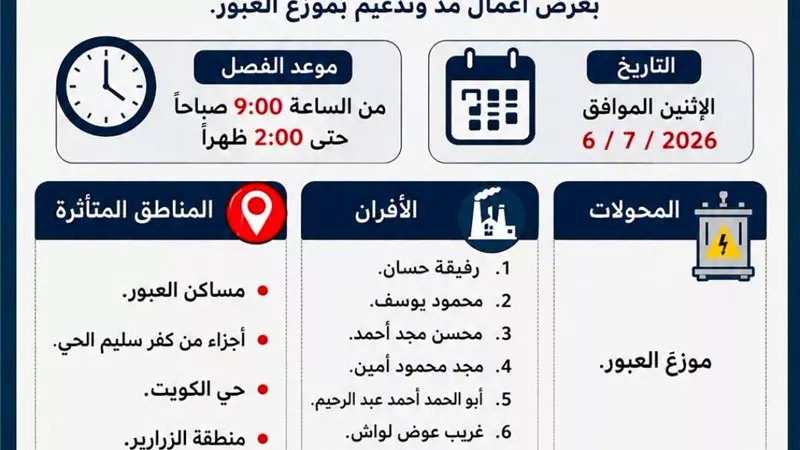 انقطاع الكهرباء 5 ساعات غدا عن مناطق بحي الأربعين بالسويس لإجراء أعمال تدعيم 