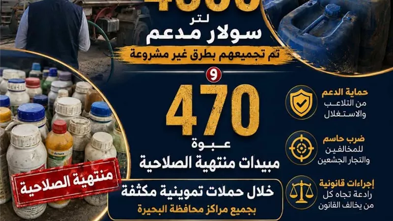 ضبط 4500 لتر سولار مدعم و470 عبوة مبيدات منتهية الصلاحية في حملات تموينية 