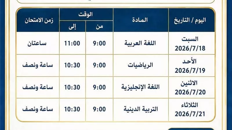 تعليم السويس تعلن جدول امتحانات الدور الثاني للمرحلة الابتدائية للعام الحالي