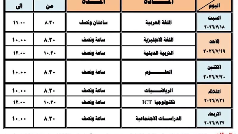 تعليم دمياط يعلن جداول امتحانات الدور الثاني للمرحلة الابتدائية للعام الدراسي 