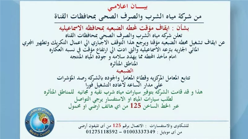 إيقاف مؤقت لمحطة مياه الضبعية بالإسماعيلية بسبب أعمال تطهير المأخذ