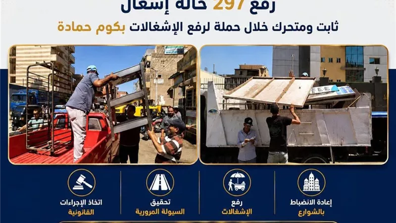 رفع 297 حالة إشغال ثابت ومتحرك خلال حملة لرفع الإشغالات بكوم حمادة