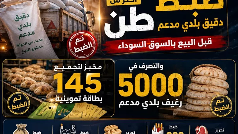 ضبط طن دقيق مدعم و145 بطاقة تموينية داخل مخبز بلدي قبل بيعها بالسوق السوداء