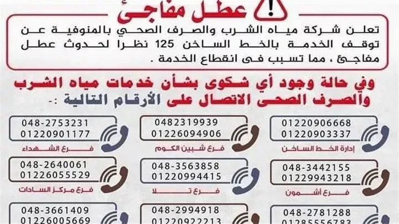 عطل مفاجئ بالخط الساخن 125.. وشركة مياه المنوفية تعلن أرقامًا بديلة           