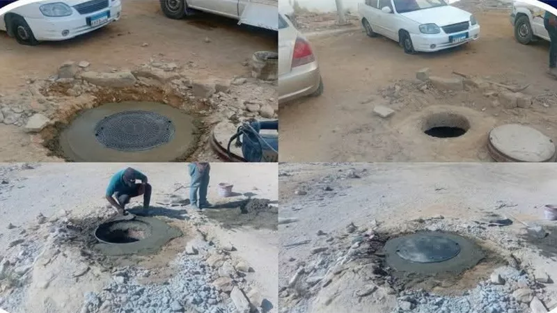 حي عتاقة يواصل تطوير منظومة المرافق.. تركيب أغطية بلاعات صرف صحي بمدينة النهضة