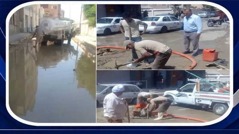 إعادة الضخ ..إصلاح كسر ماسورة مياه 6 بوصات أمام مبنى تأمينات الغريب بالسويس