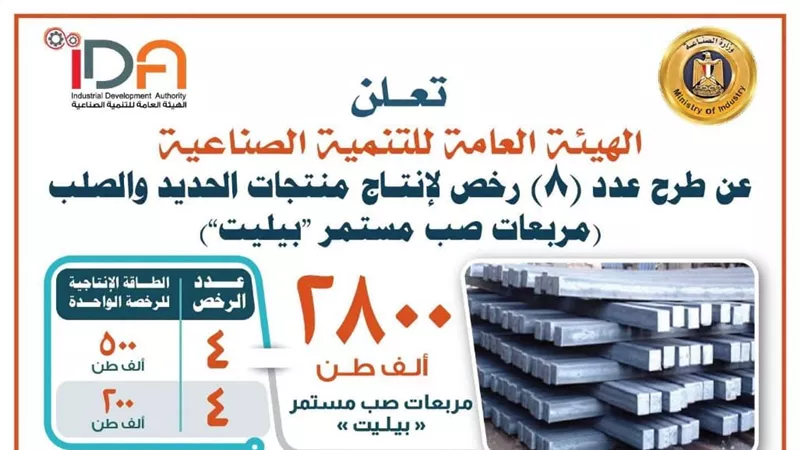 الخميس المقبل.. آخر موعد لسحب كراسات الشروط الخاصة برخص إنتاج البيليت 