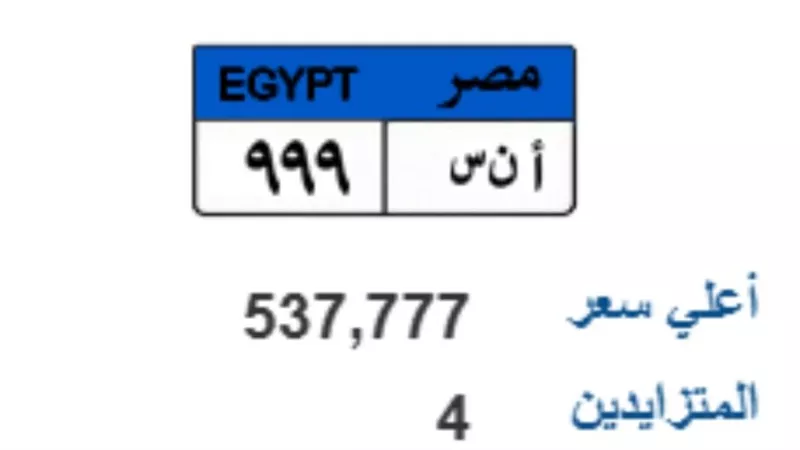 «أ ن س 999» تشعل المزاد.. سعر لوحة سيارة مميزة يتجاوز نصف مليون جنيه