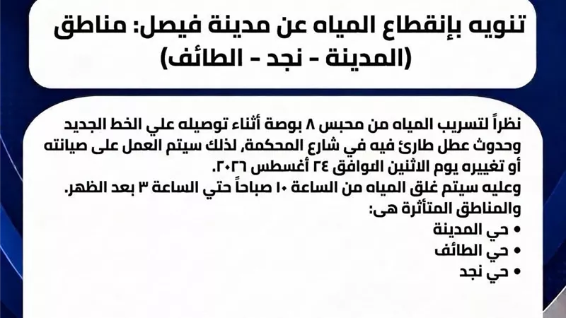 انقطاع المياه عن عدد من مناطق حي فيصل بالسويس الاثنين للصيانة 