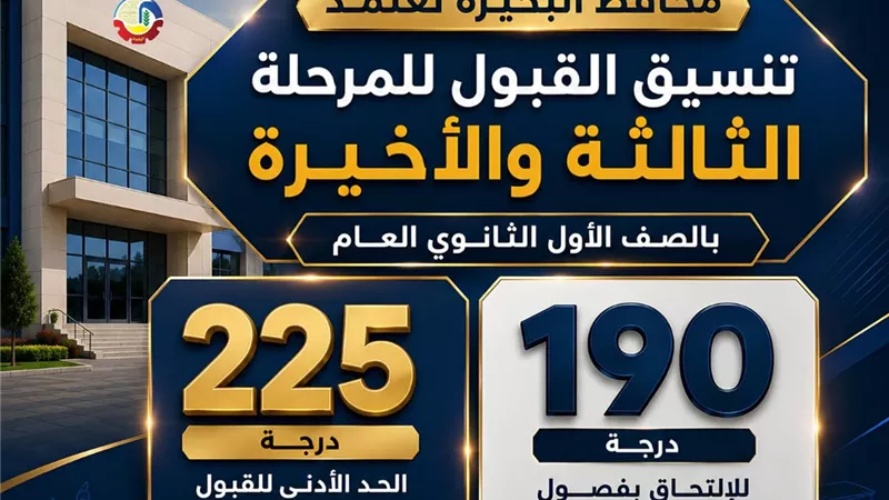 تنسيق المرحلة الثالثة للثانوي العام بالبحيرة 2026.. الحد الأدنى للقبول