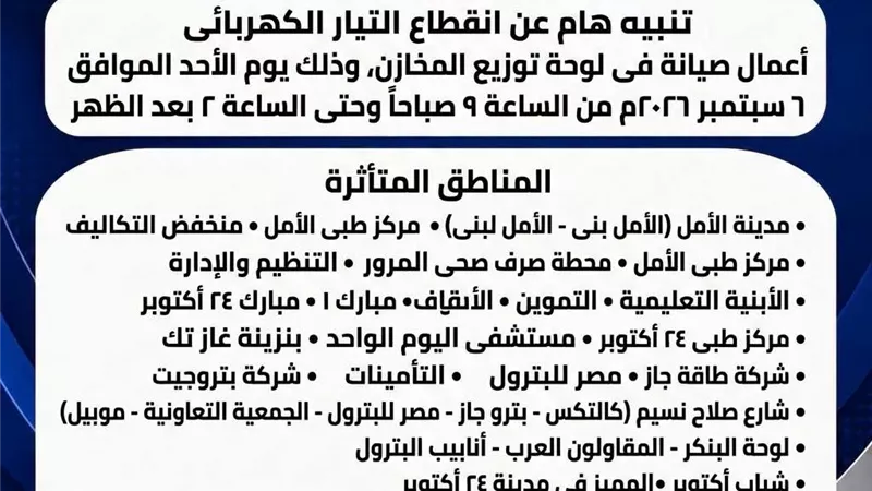غدًا.. صيانة في لوحة توزيع المخازن وقطع الكهرباء عن مناطق ومنشآت بالسويس
